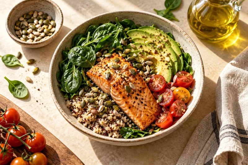 Balanced meal with vegetables and salmon